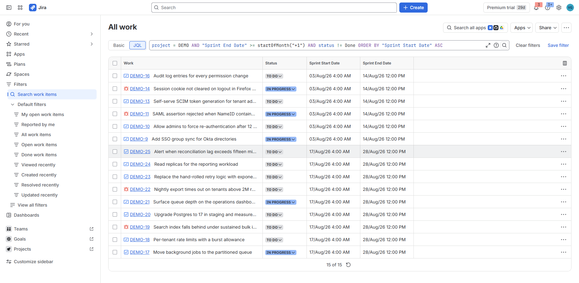 Jira work item search showing a JQL date range query on Sprint End Date, with Sprint Start Date and Sprint End Date as sorted columns.