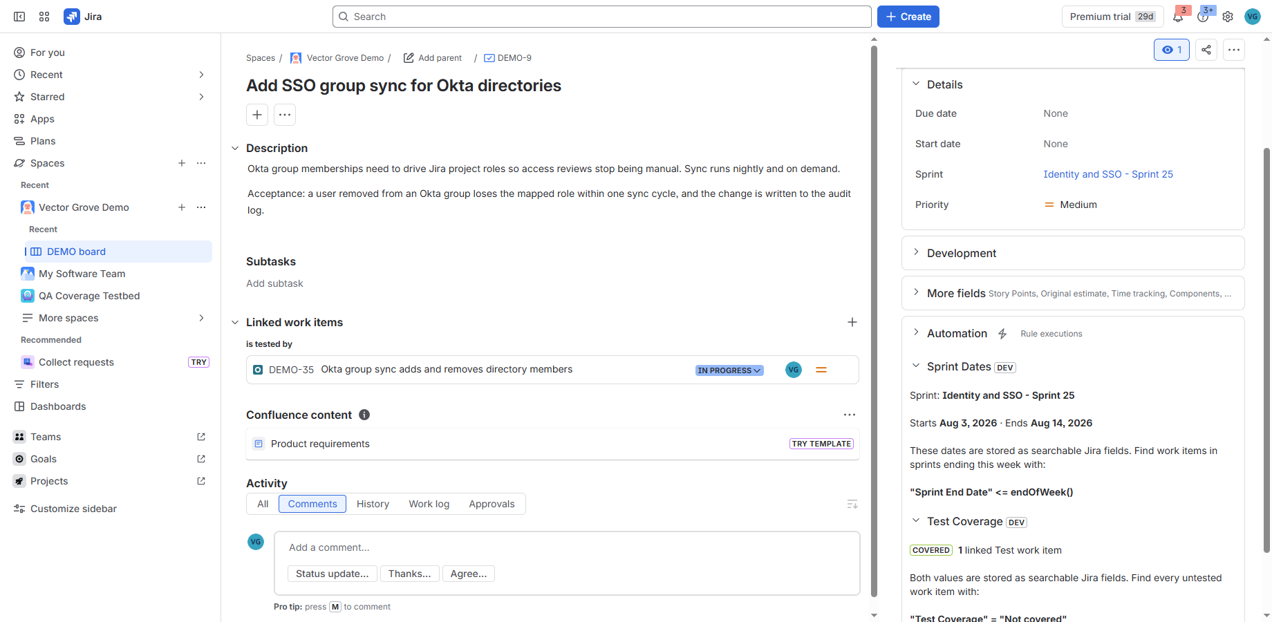 A Jira work item with the Sprint Dates panel in the context column, showing the sprint name, its start and end dates, and an example JQL query.
