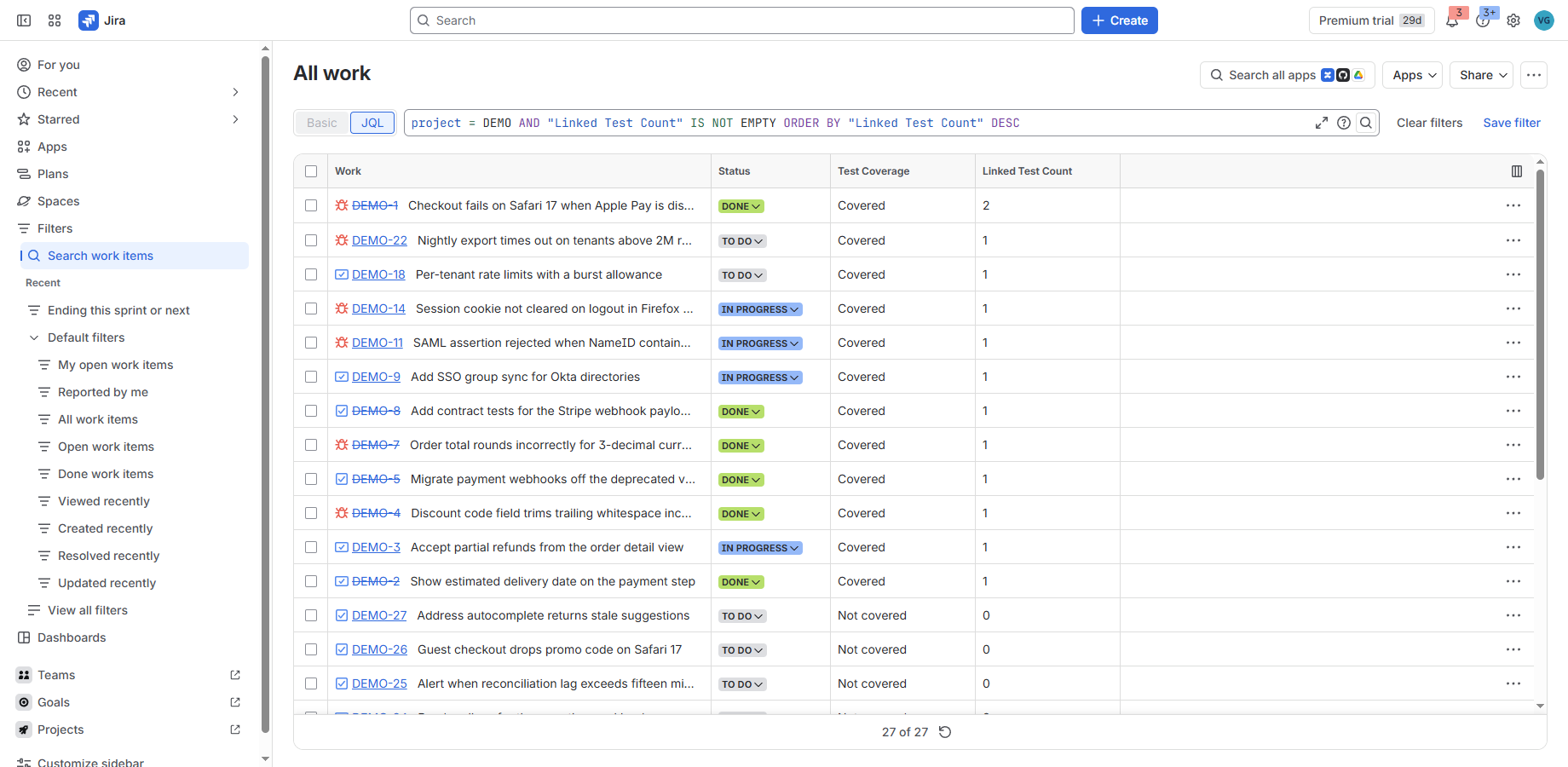 Jira work item search with Test Coverage and Linked Test Count as columns, sorted by linked test count descending, showing Covered and Not covered values.