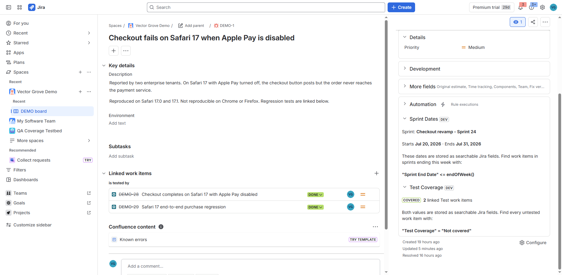 A Jira work item showing the Test Coverage panel in the context column, reading COVERED with two linked Test work items, beside the linked tests themselves.